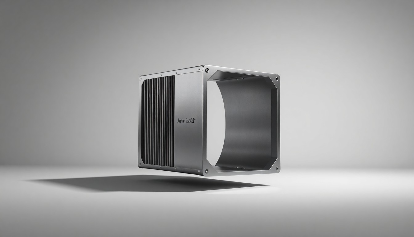 A highly detailed, photorealistic studio photograph of a polished metal cooling coil or refrigeration unit component, floating on a clean grey background and dramatically lit to convey the advanced engineering at the core of Americold's temperature-controlled logistics operations.