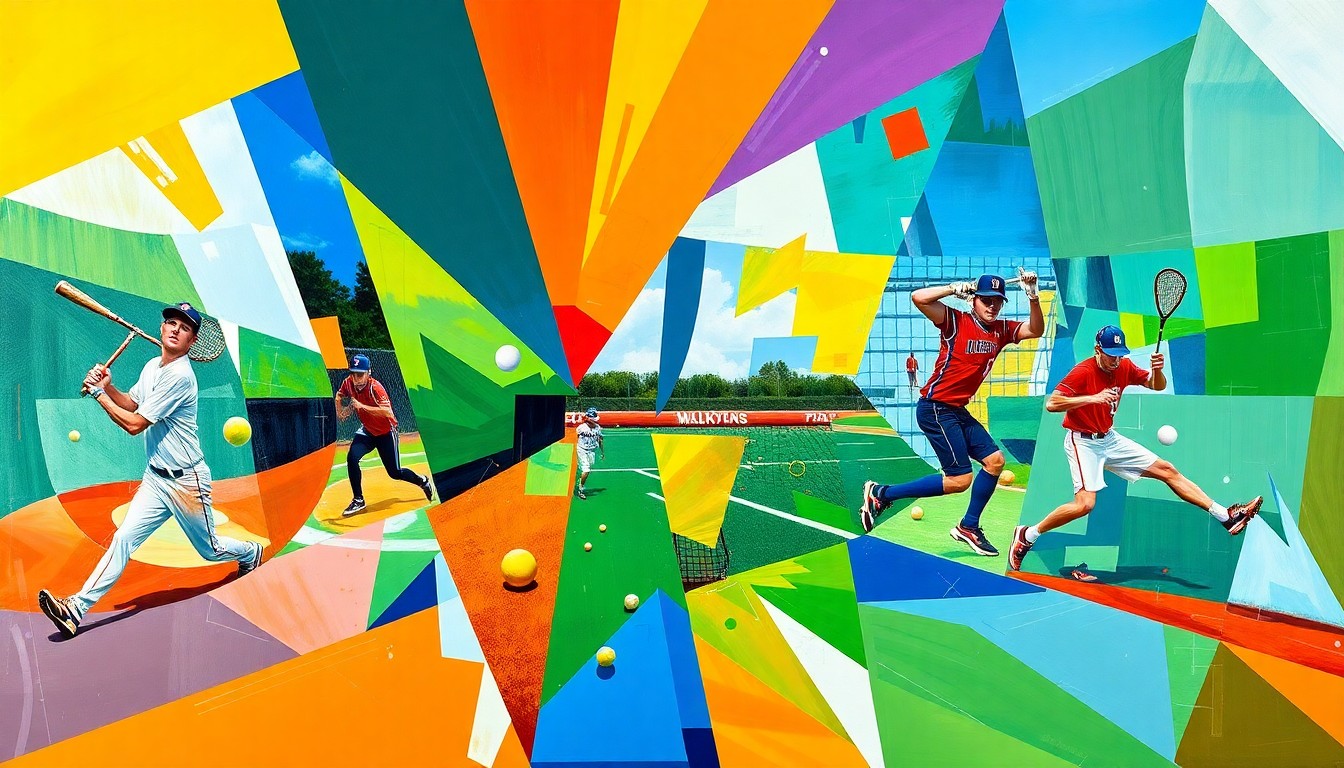 A fragmented, geometric painting in bold colors depicting various high school sports in motion, with players, balls, and fields deconstructed into sharp, overlapping shapes.