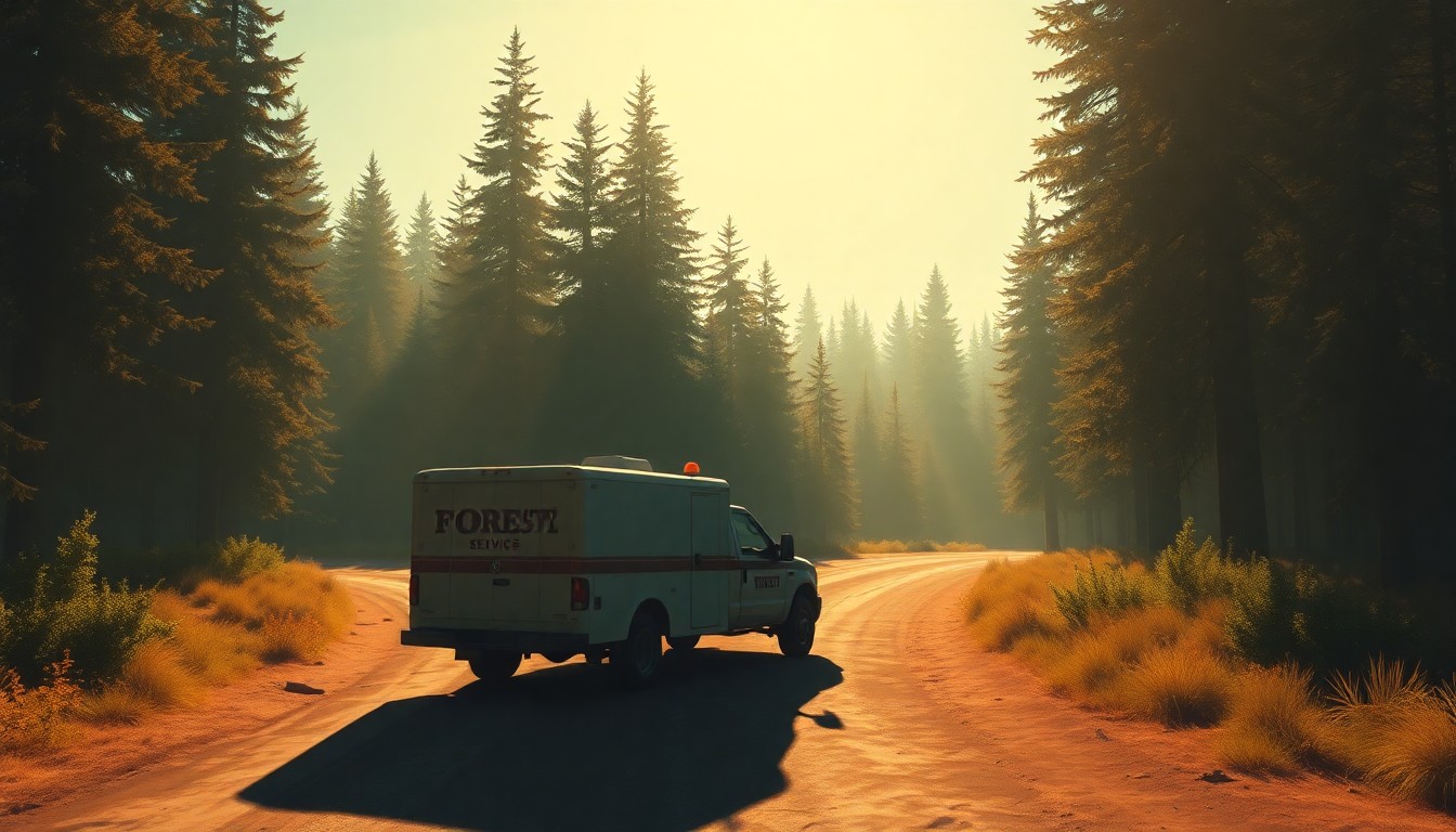 A serene, cinematic painting depicting a lone Forest Service truck parked on a dirt road in a remote forest, with warm sunlight and deep shadows creating a contemplative, nostalgic mood that reflects the potential impact of the agency's proposed headquarters move.