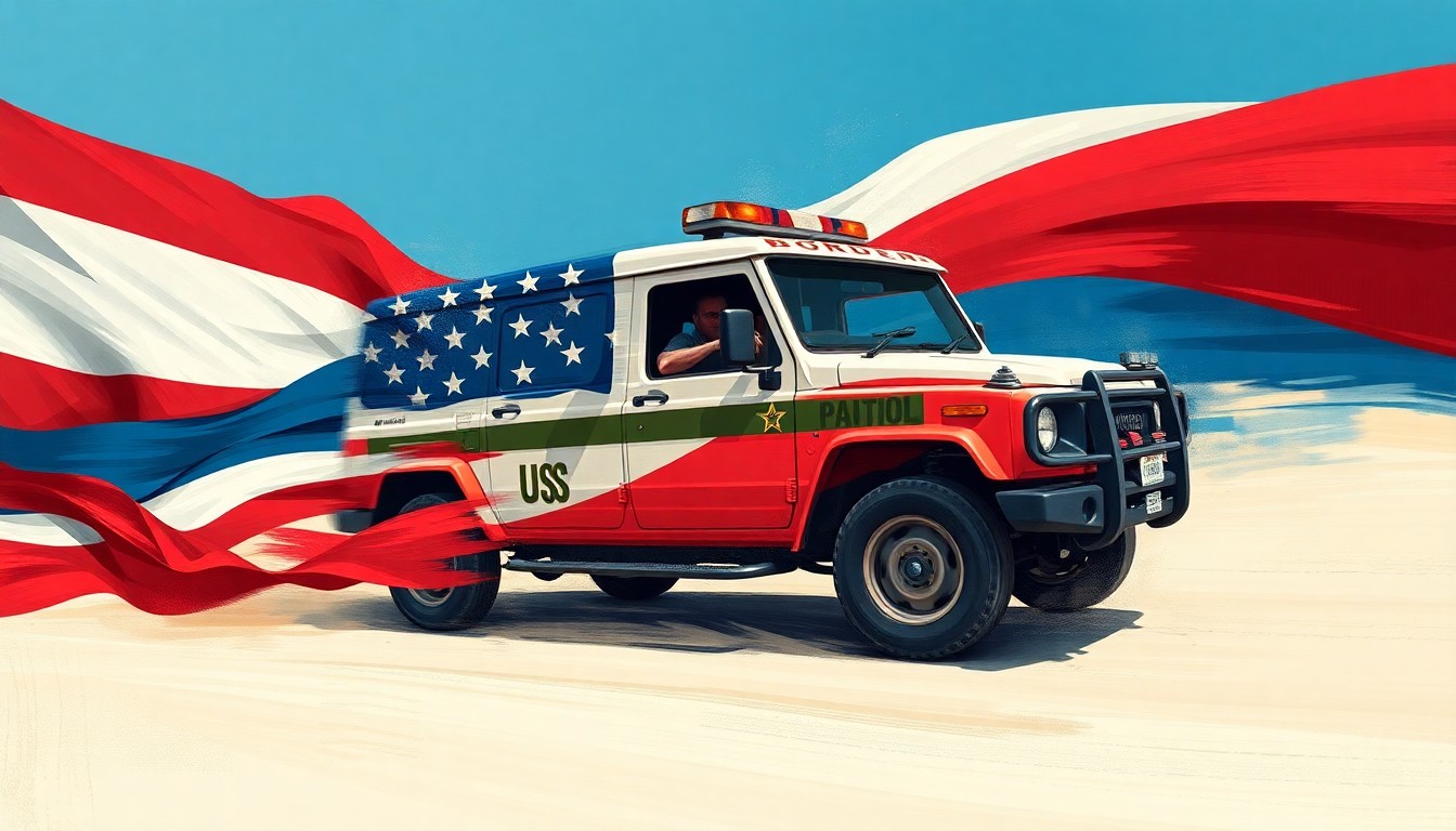 A dynamic, fragmented painting of a U.S. Border Patrol vehicle in motion, with overlapping geometric shapes and waves of red, white, and blue colors creating a sense of political tension and urgency.