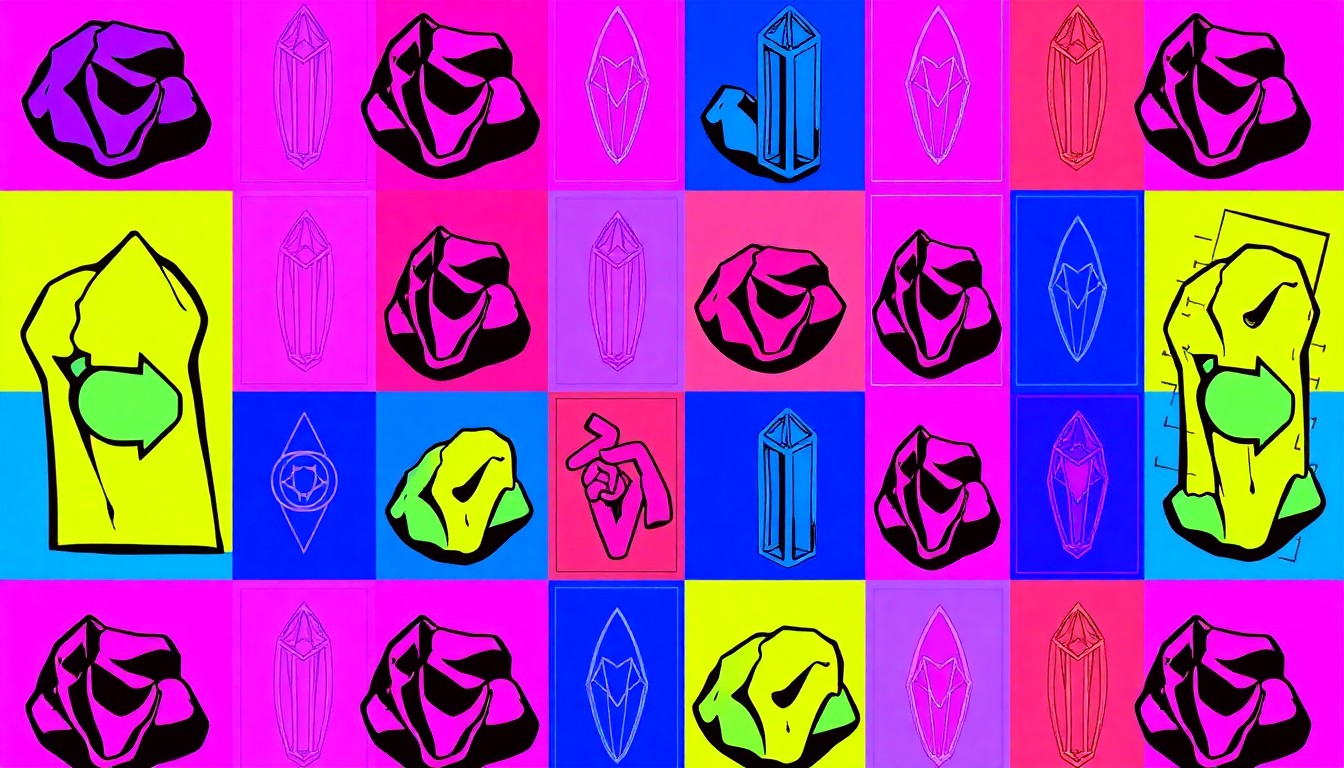 A vibrant, high-contrast silkscreen print featuring a repeated pattern of a single, iconic metaphysical object like a crystal or tarot card, rendered in a bold, neon color palette that captures the eclectic energy of the new shop's opening.