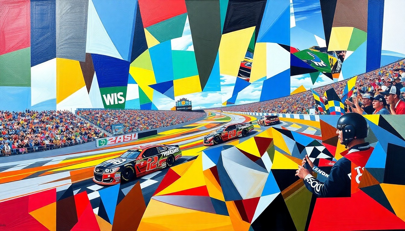 A cubist, geometric painting depicting the intense final laps of the NASCAR race at Bristol, with the cars and drivers fragmented into overlapping planes of bright, vibrant colors that capture the energy and excitement of the close finish.