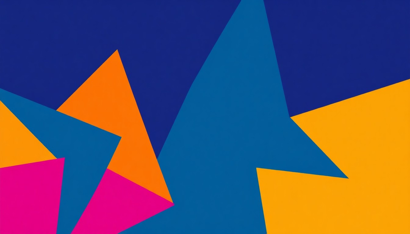 An abstract composition of bold, geometric shapes in deep indigo, magenta, and goldenrod, conceptually representing the intersections of race, gender, and sexuality explored in the 'Unsung Fire Island' exhibition.