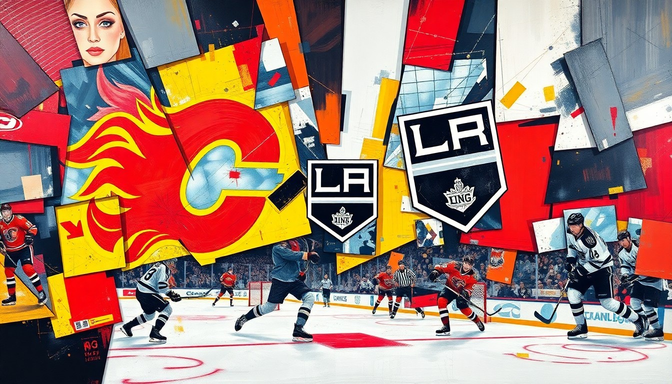 A fractured, geometric painting depicting a hockey game between the Calgary Flames and Los Angeles Kings, with the players and action broken down into sharp, overlapping planes of color and shape.