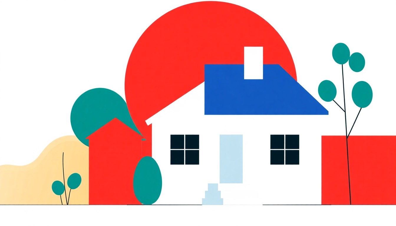A conceptual illustration in the style of Bauhaus graphic design, featuring overlapping triangles and rectangles in shades of blue, red, and yellow, conveying the complex economic forces shaping the housing market.