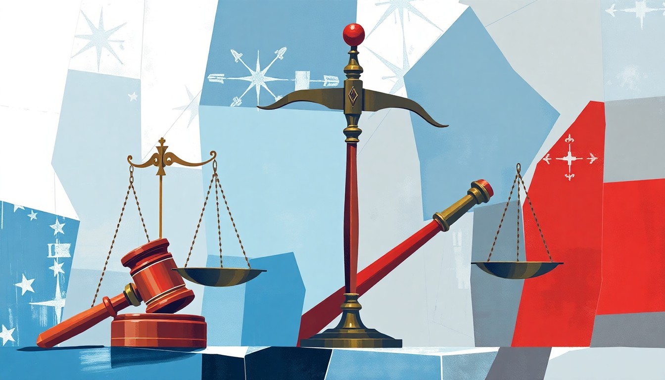 A dynamic, fragmented painting of legal symbols like a gavel and scales in shades of blue, grey, and red, conceptually representing the clash between federal and state governments over immigration policies.
