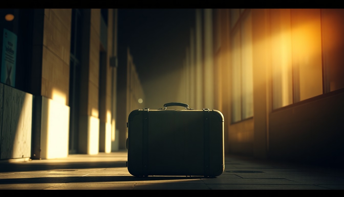 An extreme close-up of a worn, weathered suitcase sitting on a dimly lit city sidewalk, with warm, diagonal sunlight and deep shadows creating a cinematic, nostalgic mood that conceptually represents the immigrant experience.