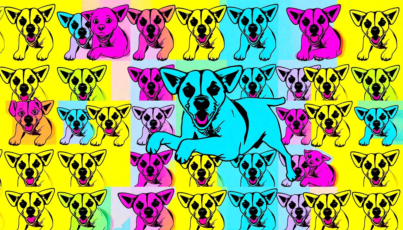 A brightly colored, high-contrast silkscreen print of a playful, energetic dog hopping in a repeated grid pattern, representing the transformation of a once-chained rescue dog into a loving, free-spirited mother.