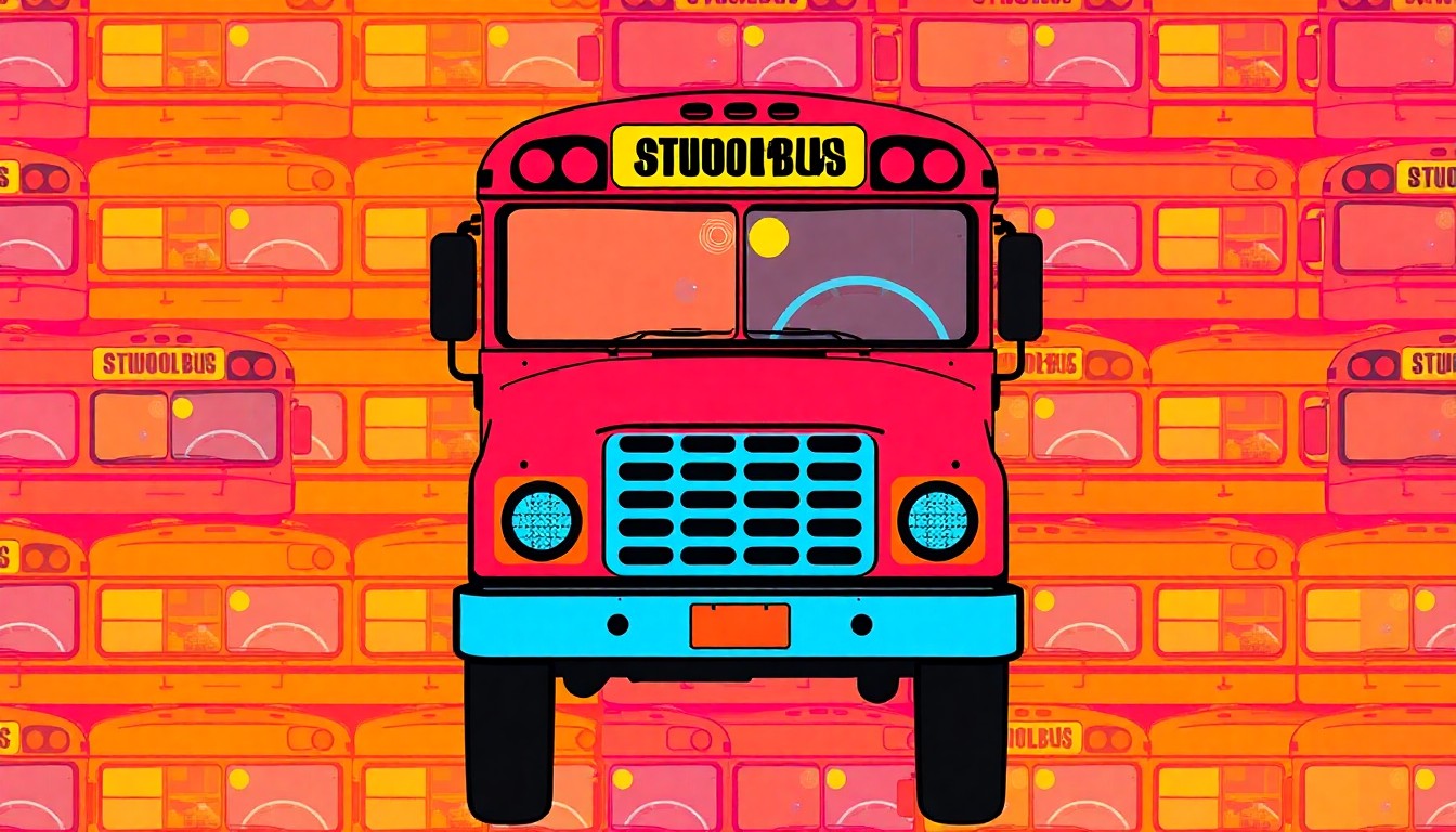 A brightly colored, high-contrast silkscreen print of a school bus icon repeated in a tight grid pattern, capturing the concept of transportation and school schedules in a vibrant, abstract pop art style.