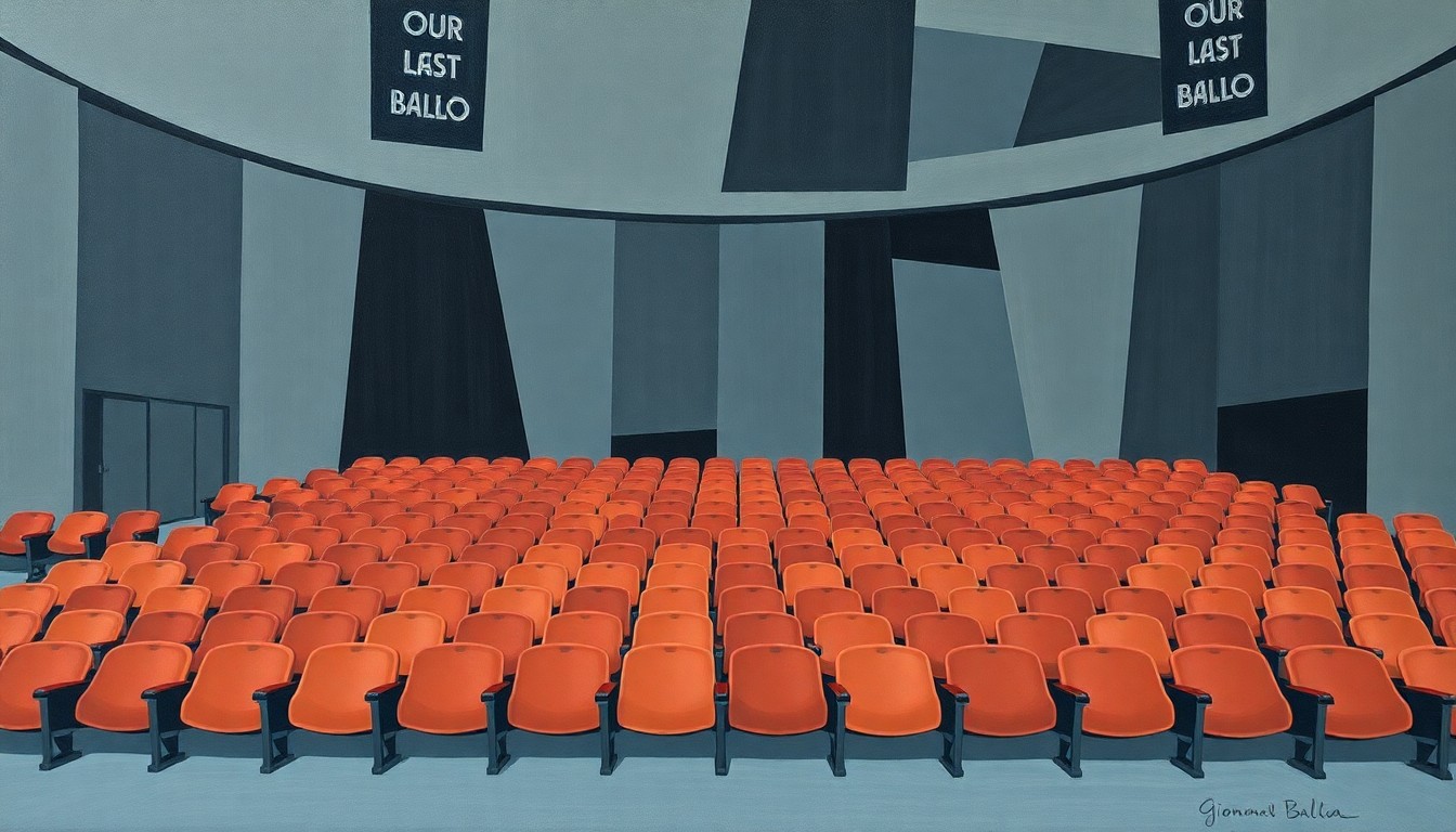 A conceptual illustration depicting an empty auditorium with rows of vacant seats, rendered in a fractured, overlapping geometric style with muted greys and blues, conveying a sense of waning interest or enthusiasm.