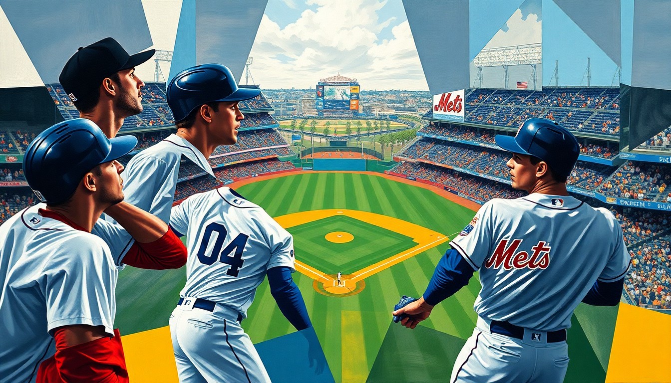 A fractured, geometric painting depicting a baseball game between the Los Angeles Dodgers and New York Mets, with the players' forms abstracted into angular, cubist shapes and the iconic Dodger Stadium visible in the background.