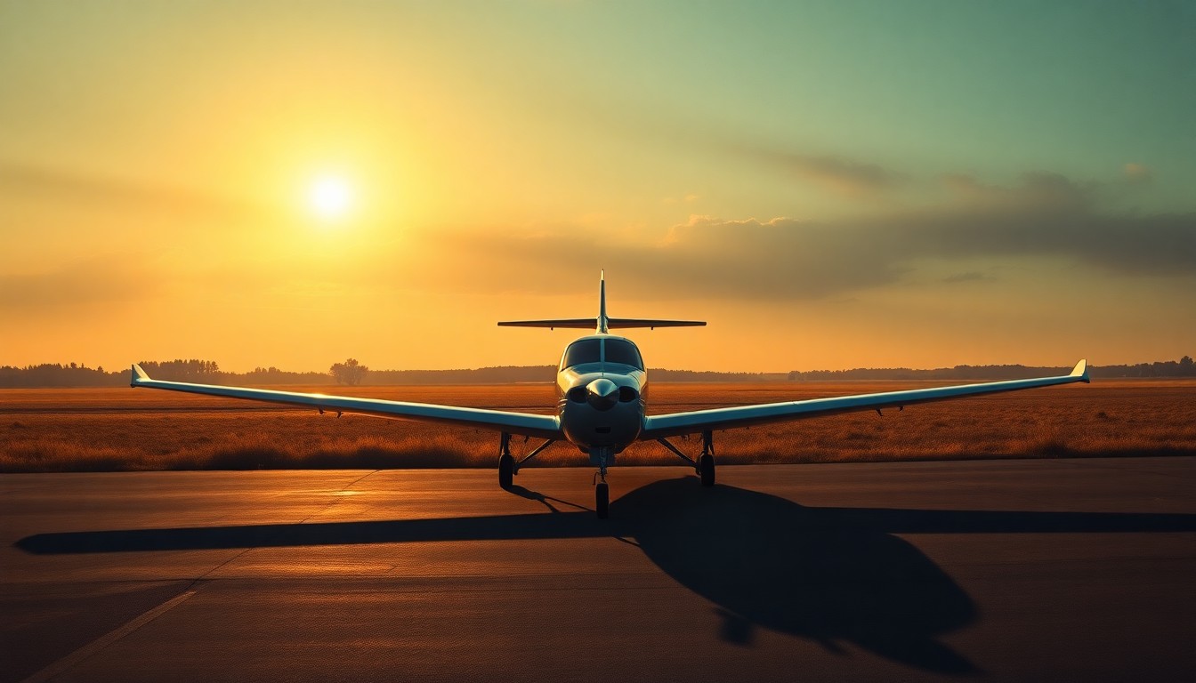 A serene oil painting depicting a small private airplane parked at a rural airfield, with warm sunlight casting long shadows across the scene, conveying a sense of quiet contemplation about the role of general aviation in Texas.