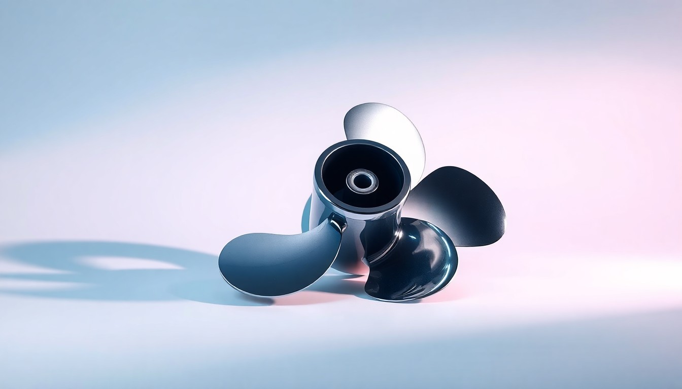 A highly detailed, photorealistic studio photograph of a polished, chrome-plated ship's propeller resting on a clean, white background, symbolizing the complex financial and operational decisions behind Navigator's fleet optimization.