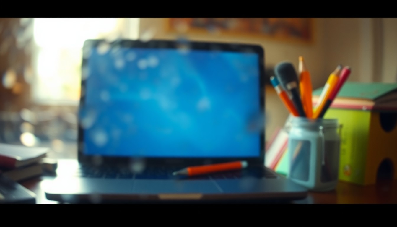 An abstract, out-of-focus scene of a blurred laptop screen and school supplies in soft, warm pools of color and light, conceptually representing the blind spot of school-issued devices in home digital safety.