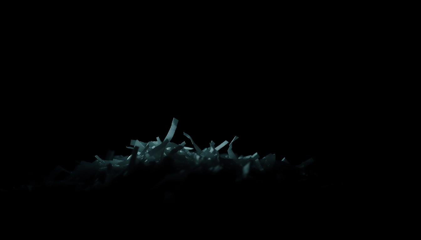 An extreme close-up photograph of shredded financial documents lit by a harsh, direct camera flash, creating a stark, gritty, investigative aesthetic that conceptually represents the uncovering of a large-scale fraud scheme.