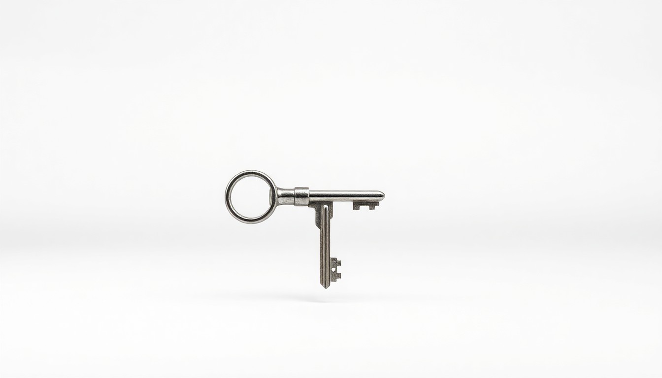 A photorealistic studio still-life image featuring a single, polished metal key floating on a clean, monochromatic background, representing the abstract concept of wealth and power.