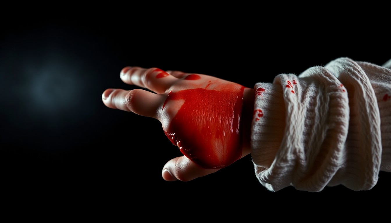 An extreme close-up photograph of a child's bandaged hand and wrist, lit by a harsh flash against a dark background, conveying the gritty aftermath of a violent crime.