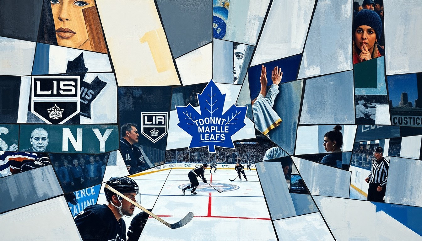A cubist, geometric painting depicting a hockey game or match, with sharp, overlapping planes of color and shape representing the action on the ice in an abstract, deconstructed style.