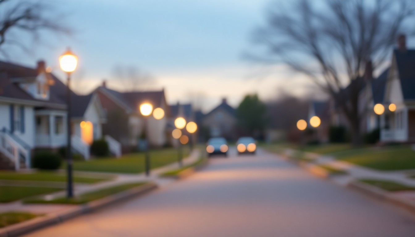 An abstract, out-of-focus photograph of a residential street at night, with blurred streetlights and houses in the background, conveying a sense of quiet remembrance.