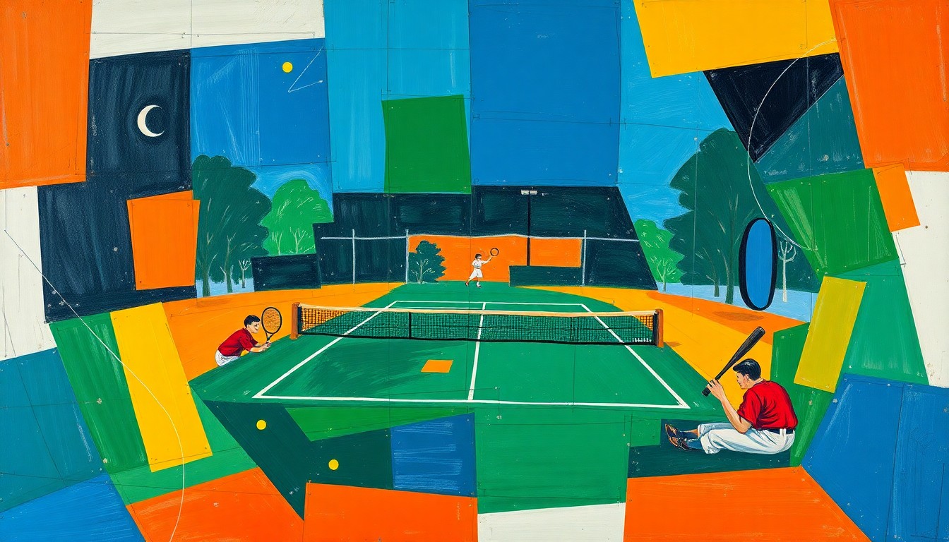 A cubist, geometric painting depicting fragmented, overlapping scenes of a high school tennis match and baseball game, using a palette of navy, green, and orange to represent the opposing fortunes of the two sports programs.