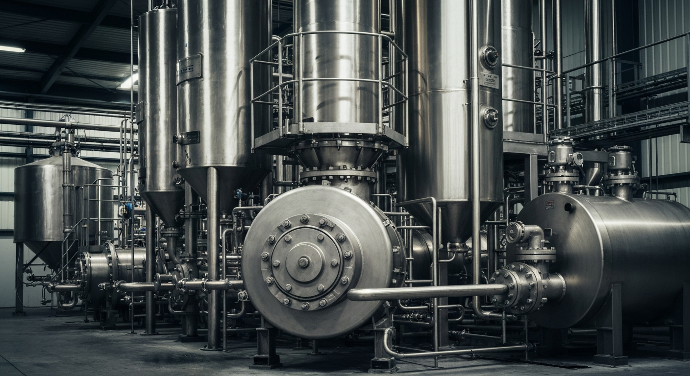 An extreme close-up of gleaming, intricate metal brewing equipment and machinery, conveying the physical, industrial strength of the alcohol industry.
