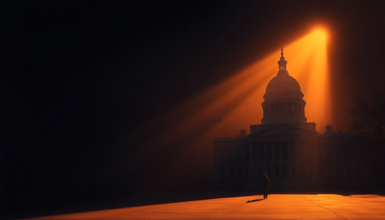 A moody, cinematic painting depicting a lone government building or political figure in warm, dramatic lighting, conveying a sense of nostalgia and unease surrounding the Trump-Epstein saga.