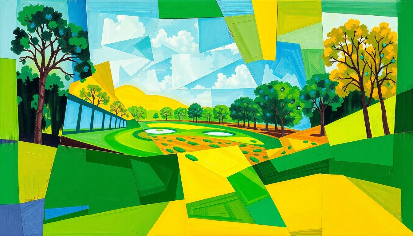 A fractured, geometric painting in bold colors that captures the intensity and movement of a college golf tournament, with overlapping shapes and planes representing the different perspectives and elements of the competition.