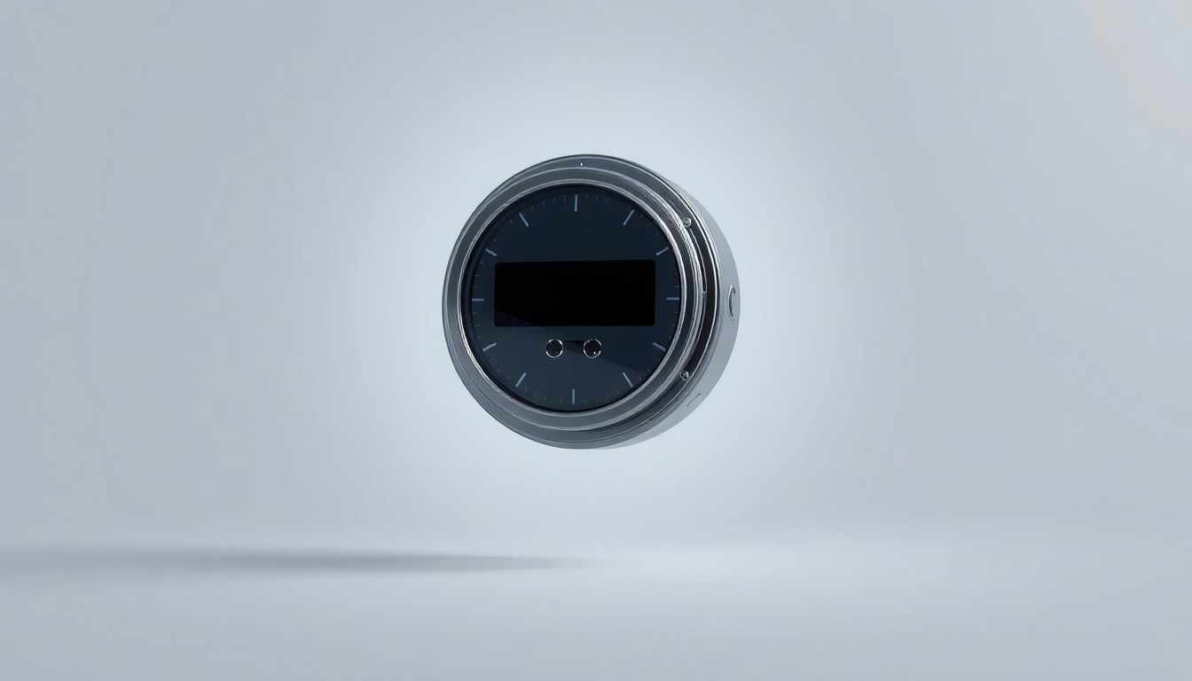 A photorealistic studio still-life image of a sleek, modern electric meter or power transformer made of polished metal and glass, floating on a clean, monochromatic grey background and dramatically lit to symbolize the growing power demands and infrastructure costs of the AI industry.