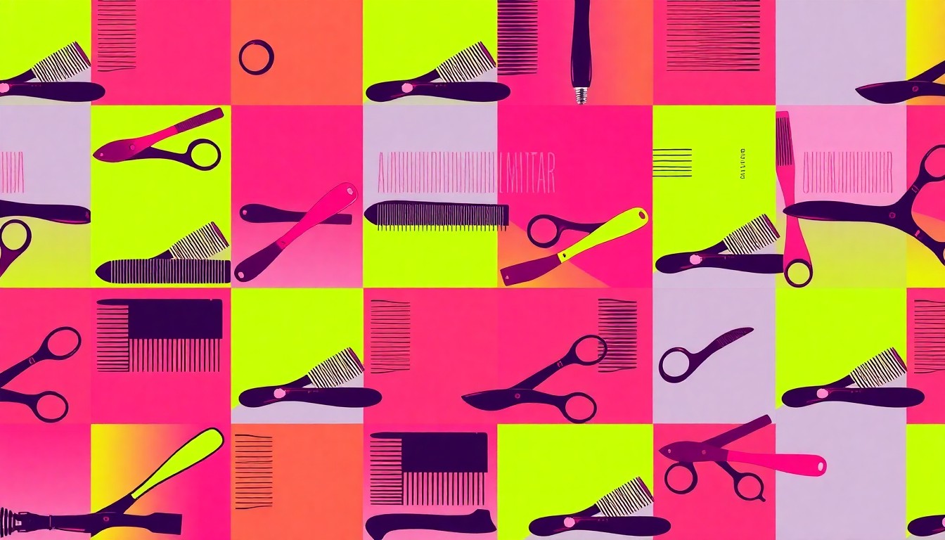A high-contrast, silkscreen-style grid of colorful hair styling tools like combs and brushes, conceptually representing the hands-on skills taught at a youth braiding boot camp.