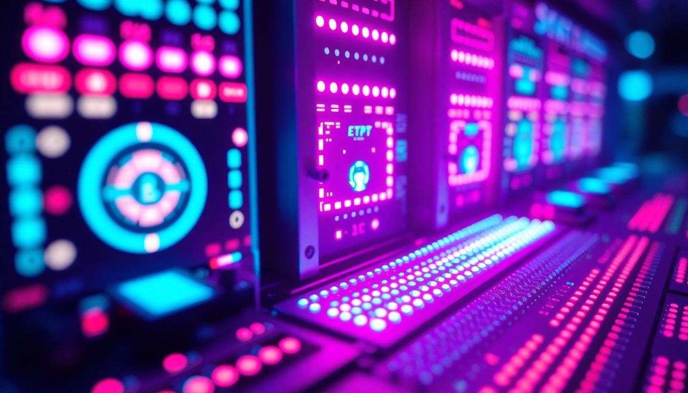 A highly detailed, glowing 3D illustration of a complex defense sensor array or data processing unit, with intricate metallic components and structures illuminated by vibrant neon cyan and magenta lights, conceptually representing the power of sensor fusion and edge AI to transform how defense systems process and act on sensor data.