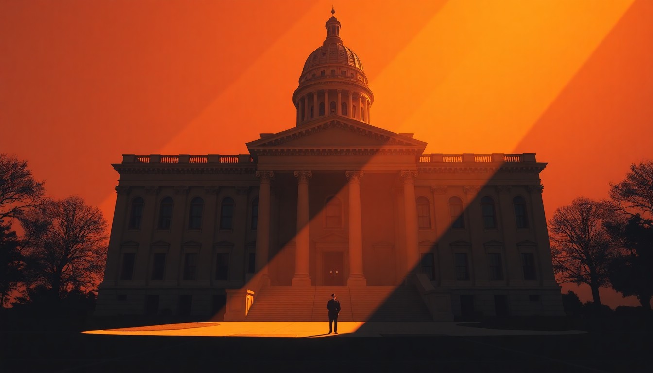 A quiet, cinematic painting of the Georgia state capitol building in warm, golden sunlight, with a lone figure standing in front of the entrance, conveying a sense of political tension and uncertainty.