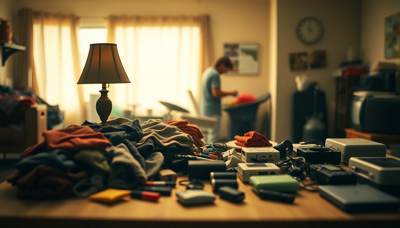 A blurred, atmospheric photograph showing a table covered in various household items like a lamp, clothing, and electronics, with figures in the background working on repairs, conveying the warm, community-driven spirit of the Helping Hands Repair Cafe event.
