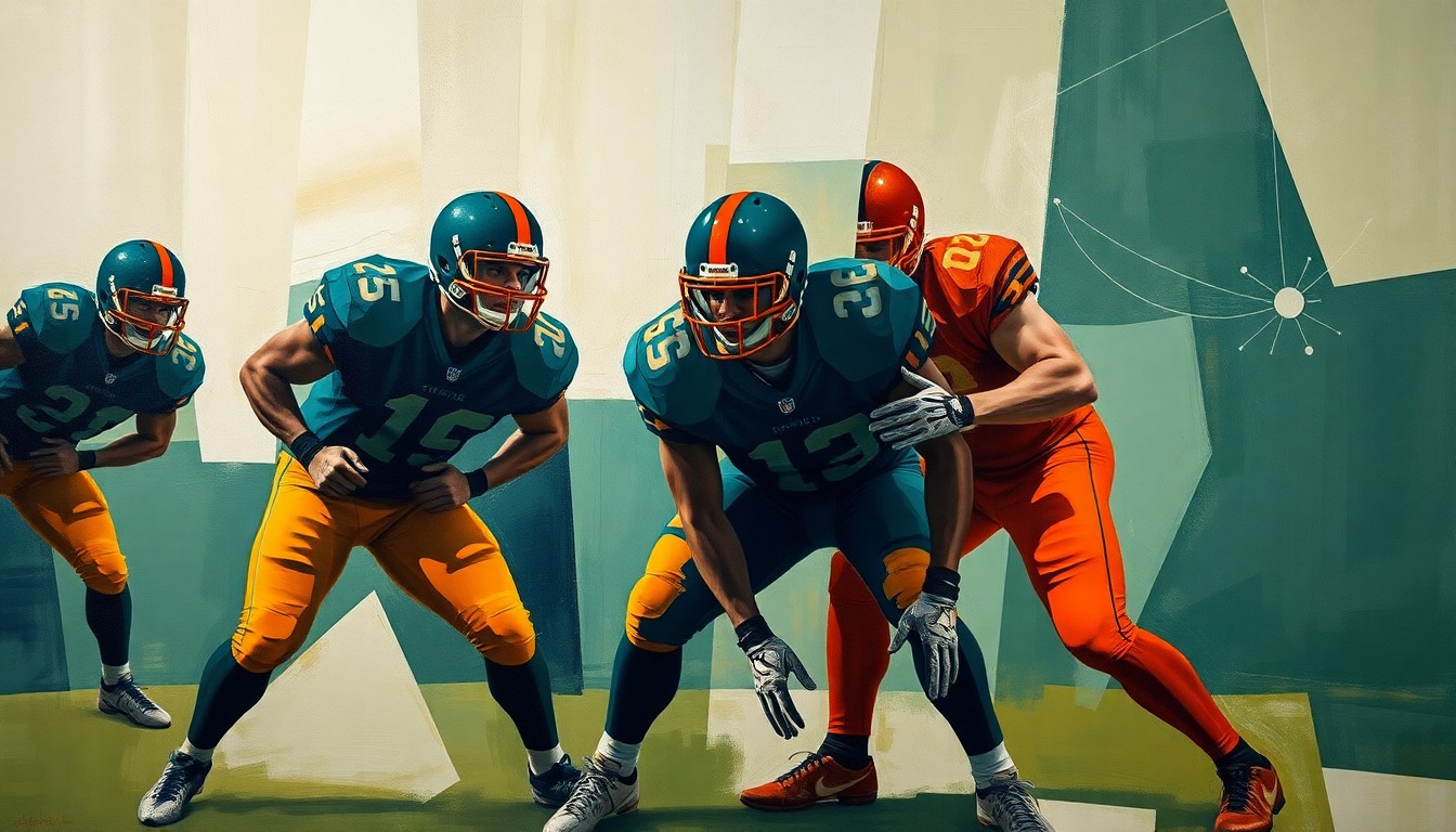A fragmented, cubist-style painting depicting the geometric shapes and planes of a football player in a defensive stance, rendered in earthy greens, oranges, and blues to conceptually represent a player's change of direction and path.
