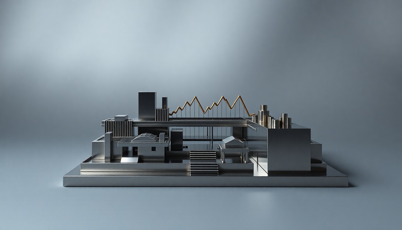 A polished metal model of a European stock exchange trading floor, with sleek geometric shapes and clean lines, arranged elegantly on a solid gray background and illuminated with dramatic studio lighting to convey a sense of corporate strategy and financial risk.