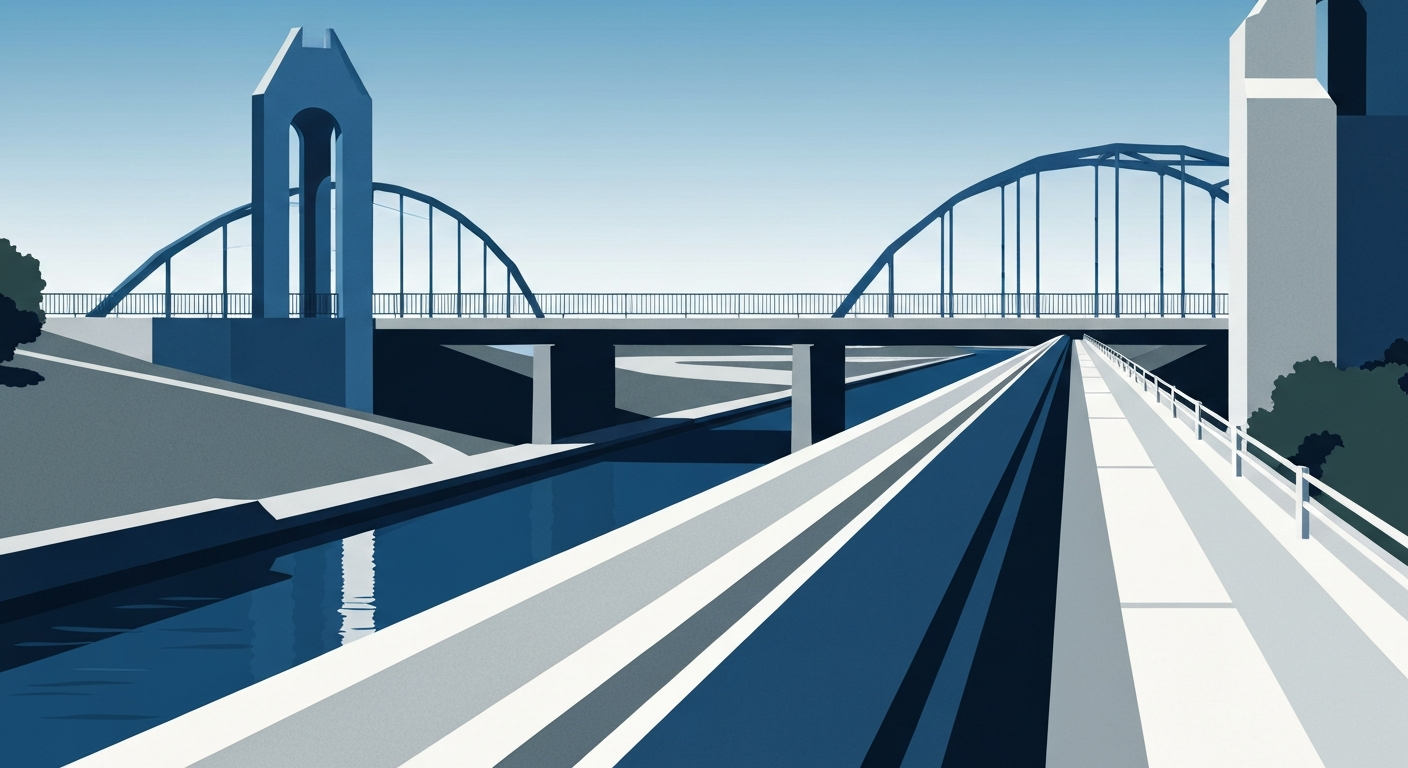 A highly stylized, geometric illustration depicting the grand scale and sweeping vistas of the Chesapeake & Delaware Canal and the Michael N. Castle Trail, with sleek, streamlined forms and forced perspectives conveying a sense of monumental authority.