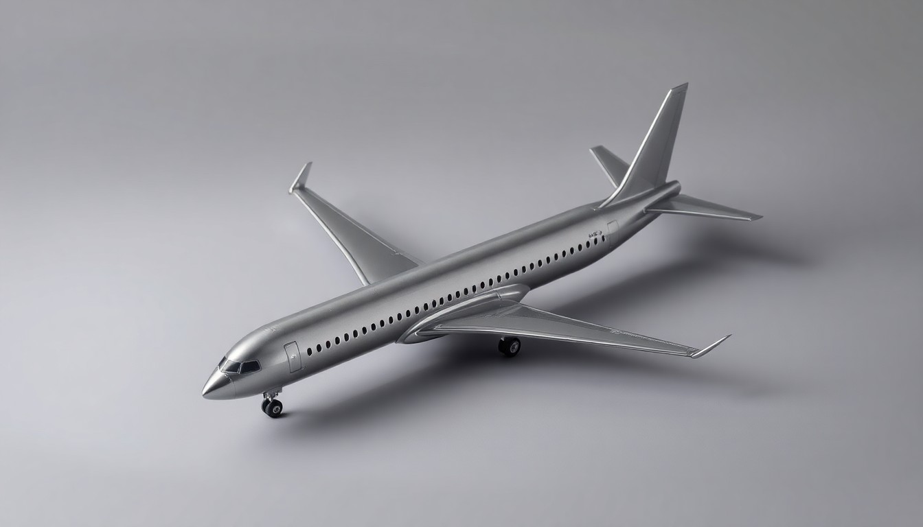 A photorealistic studio still-life image featuring a polished, geometric metal model of a commercial aircraft, placed elegantly on a clean, monochromatic background and using dramatic lighting to convey the abstract concepts of corporate strategy and market dynamics in the aerospace industry.