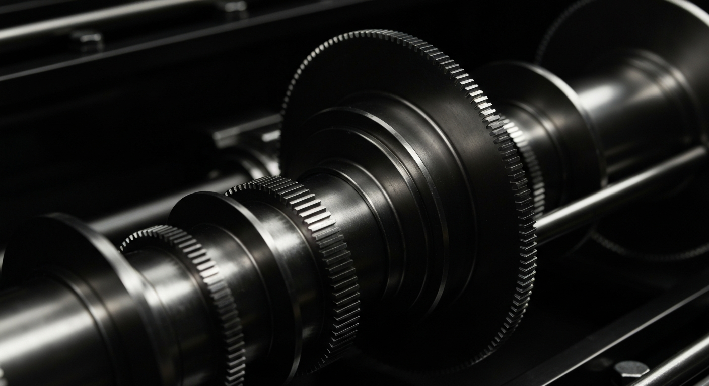 An extreme close-up of the heavy, industrial machinery and mechanisms that power the financial sector, rendered in a high-contrast, cinematic style that emphasizes the physical, tangible nature of banking and investments.