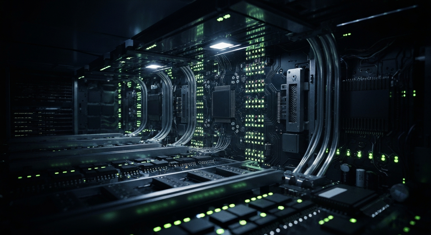 An extreme close-up of the complex inner machinery of a financial data server, with a sense of industrial power and technological sophistication conveyed through the detailed, textured imagery.