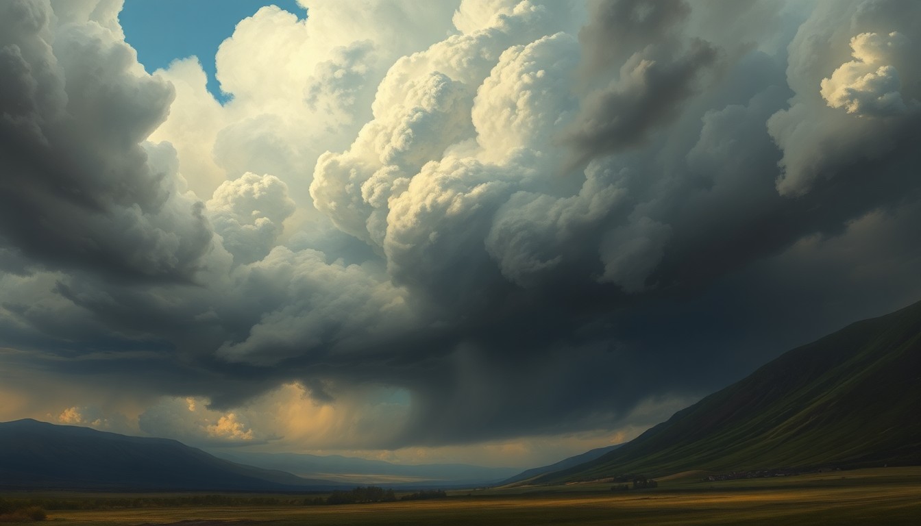 A vast, majestic landscape painting in muted tones, with a dramatic, stormy sky dominating the scene. The composition uses deep perspective and dramatic backlighting to capture the overwhelming, sublime scale of the approaching thunderstorm, dwarfing any physical structures or objects in the foreground.