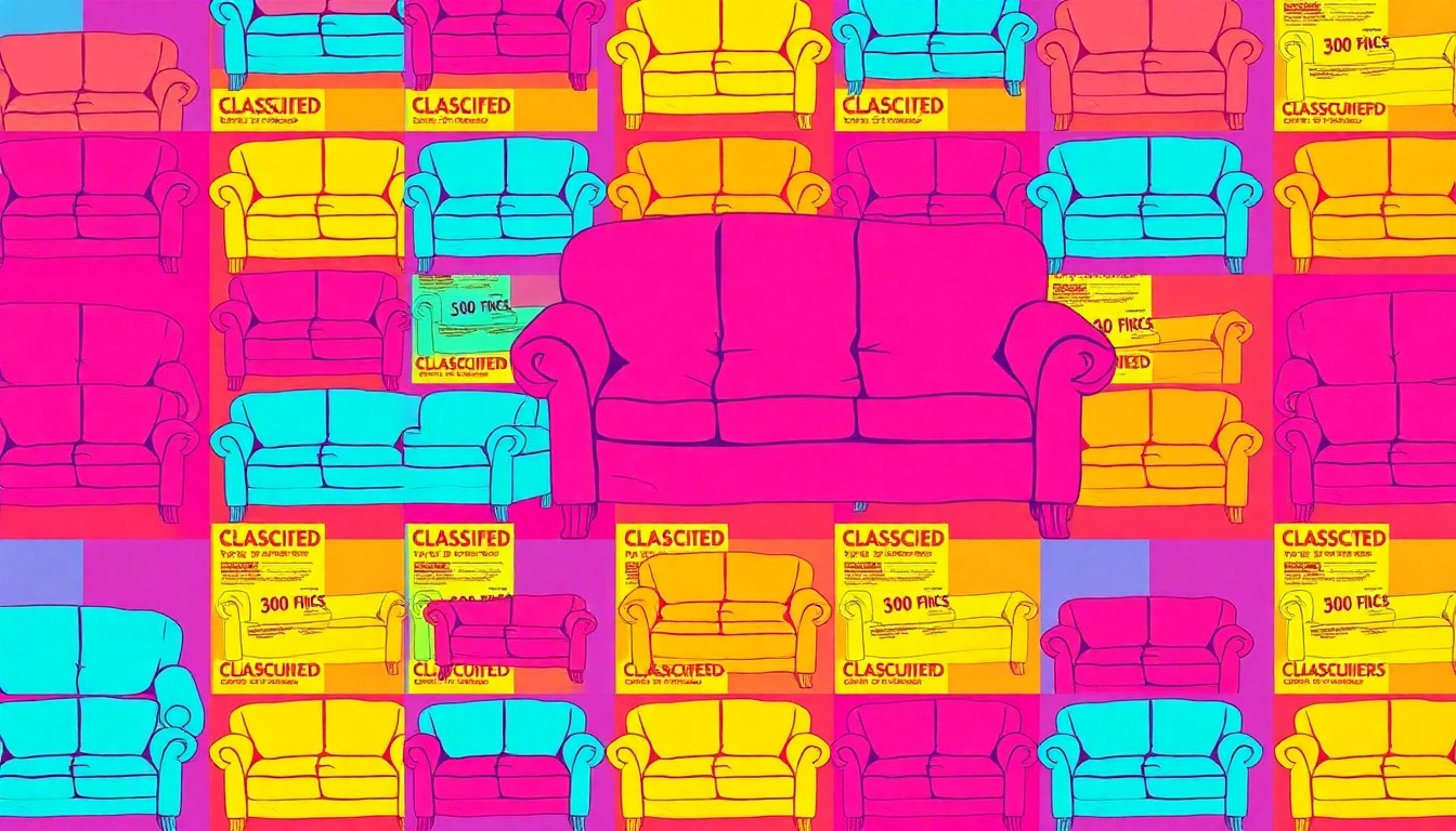 A bold, colorful silkscreen-style illustration featuring a repeated pattern of a used couch, capturing the diverse range of goods and services advertised in the Perry News Herald classifieds.