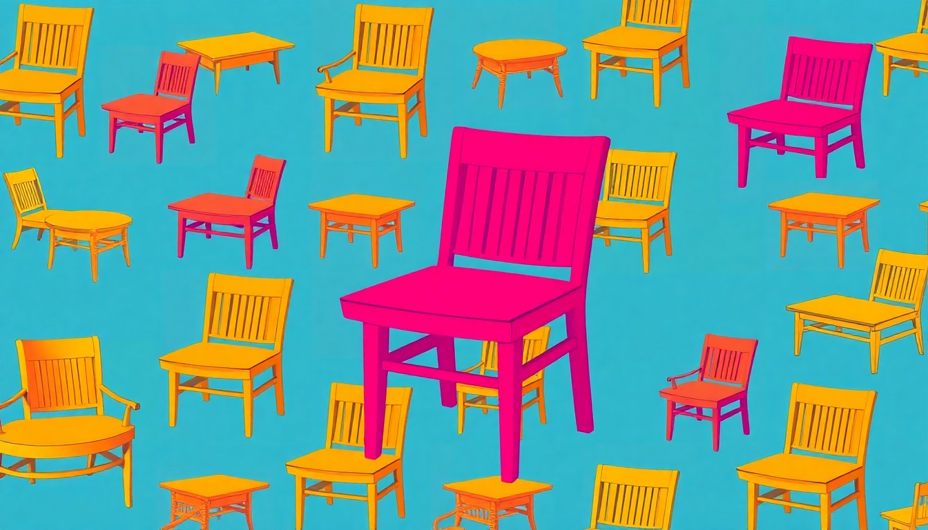 A brightly colored, high-contrast silkscreen print of a wooden chair or table repeated in a tight grid pattern, using vibrant neon colors and heavy black outlines to transform an everyday furniture item into modern pop art.