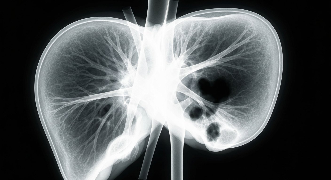 An extreme close-up, translucent X-ray photograph revealing the internal structure of a partially damaged human liver, with some areas appearing more opaque and dense, conceptually illustrating the ability of a new biomarker test to detect alcohol-related liver injury.