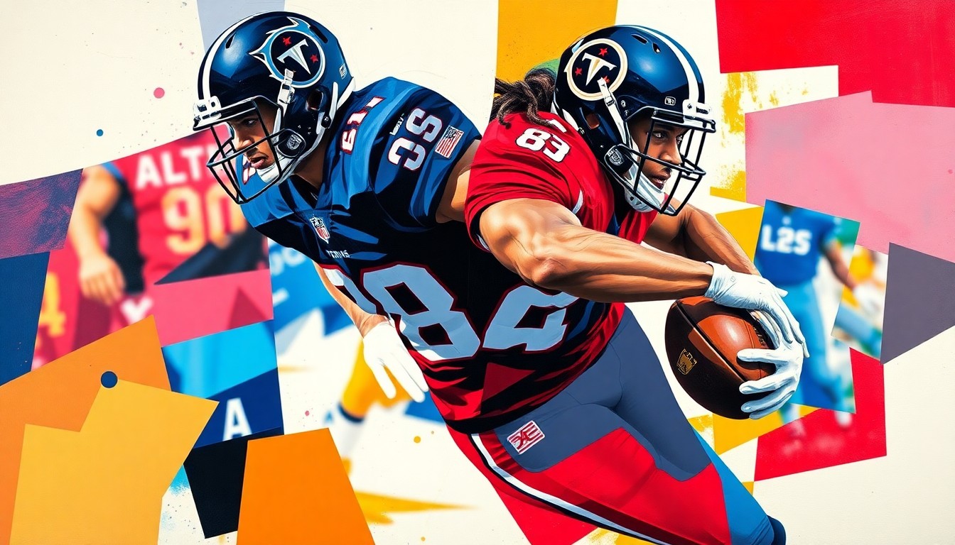 A fragmented, geometric painting depicting a football cornerback in motion, with sharp planes of navy blue, red, and white representing the Tennessee Titans' colors.