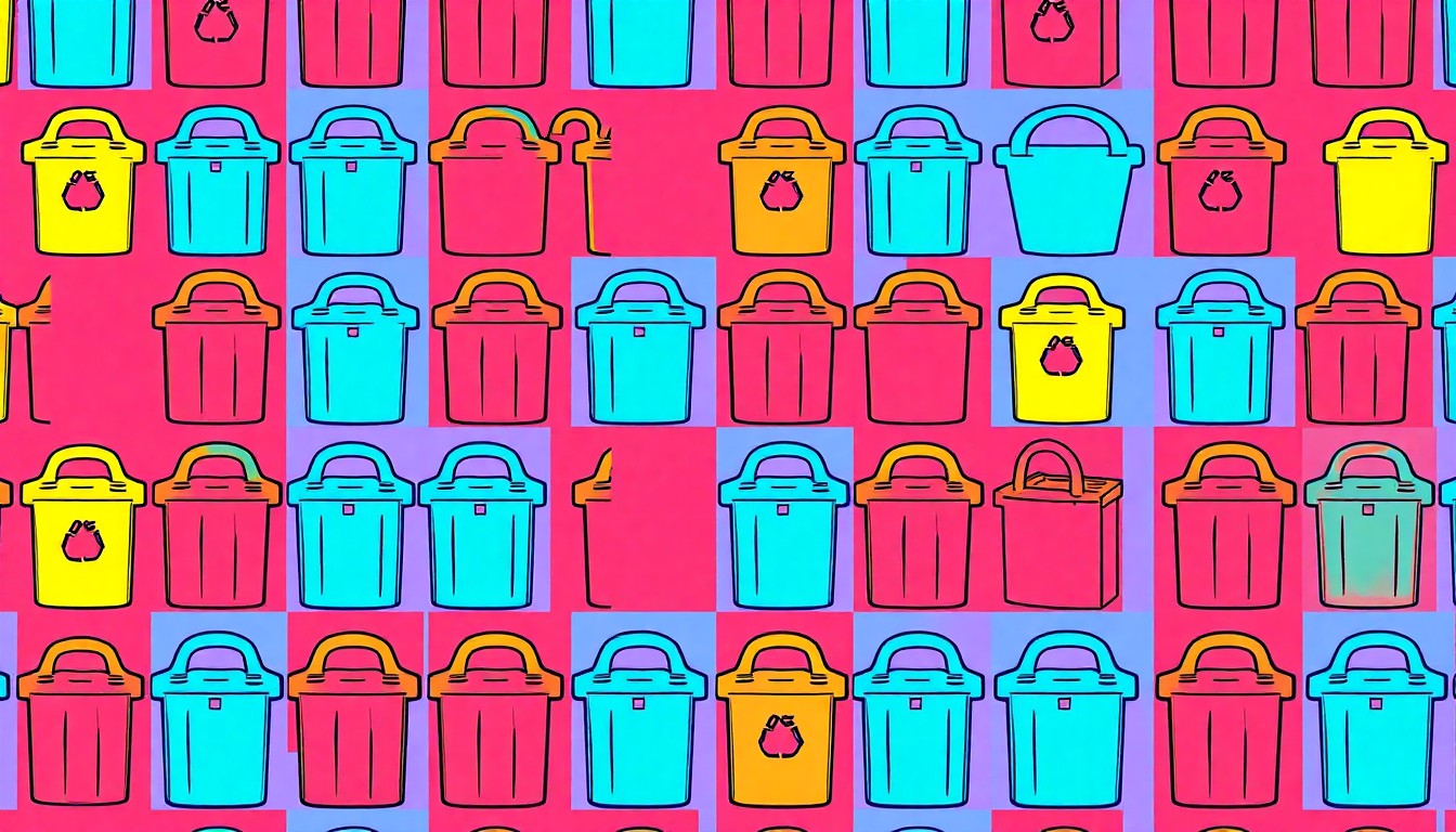 A high-contrast, silkscreen-style illustration featuring a repeated pattern of a colorful recycling bin or trash can, conceptually representing the student's award-winning artwork and its message of environmental stewardship.