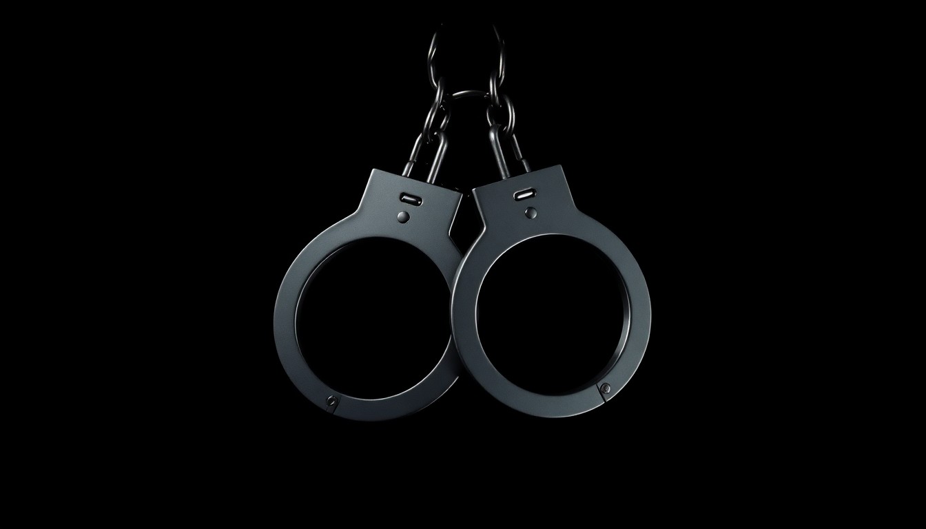 An extreme close-up of a pair of metal handcuffs against a completely black background, the harsh lighting creating dramatic shadows and textures to convey a sense of urgency and law enforcement action.