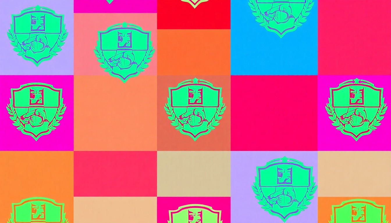 A brightly colored, high-contrast silkscreen print of a school emblem or crest, repeated in a tight grid pattern, utilizing flat, vibrant, and unnatural neon color palettes overlapping with heavy black photographic outlines to turn the iconic symbol into modern pop art.