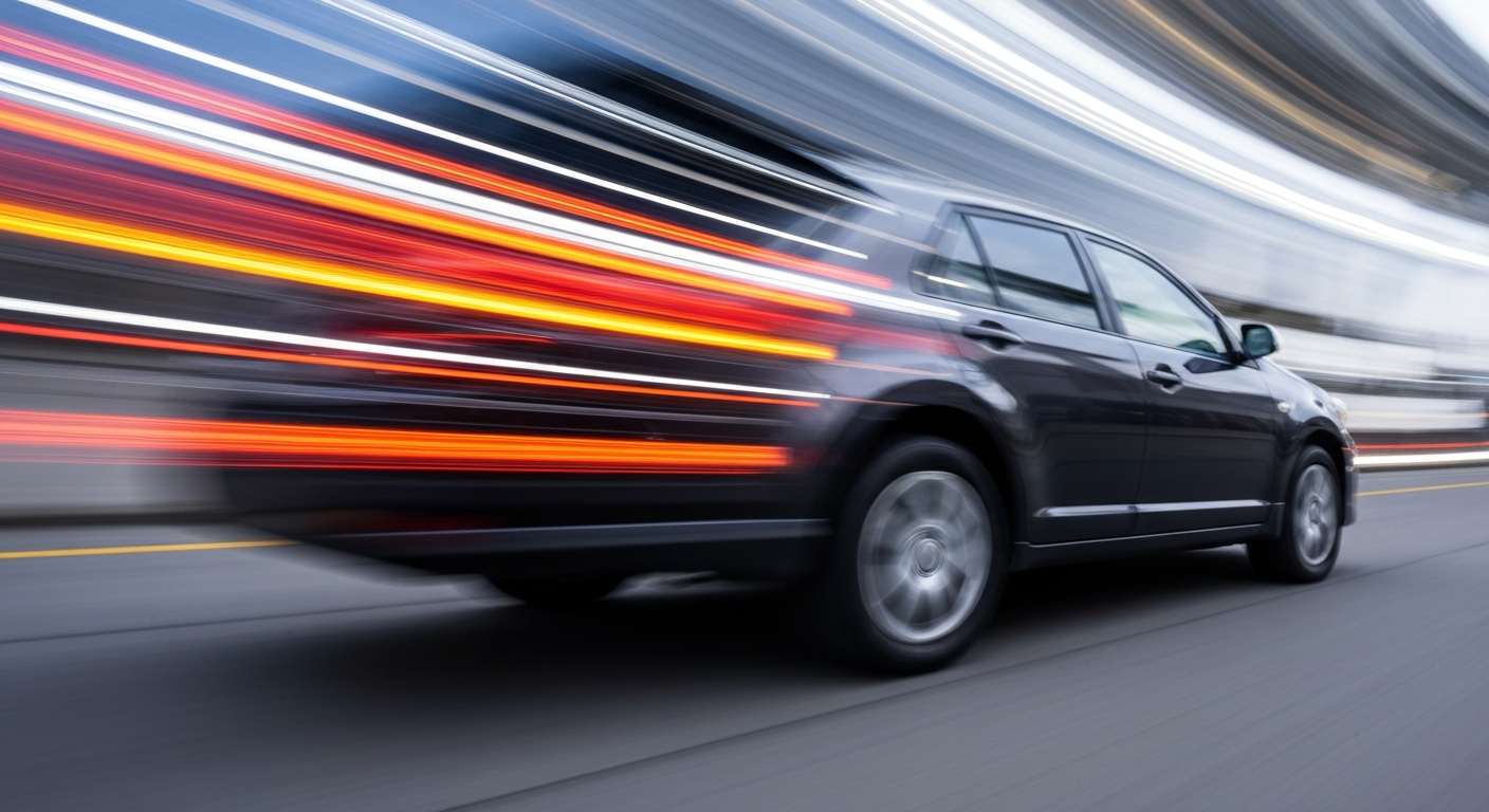 An abstract, blurred image of a Toyota vehicle in motion, conveying a sense of speed and modern engineering through the use of vibrant colors and dynamic lines.