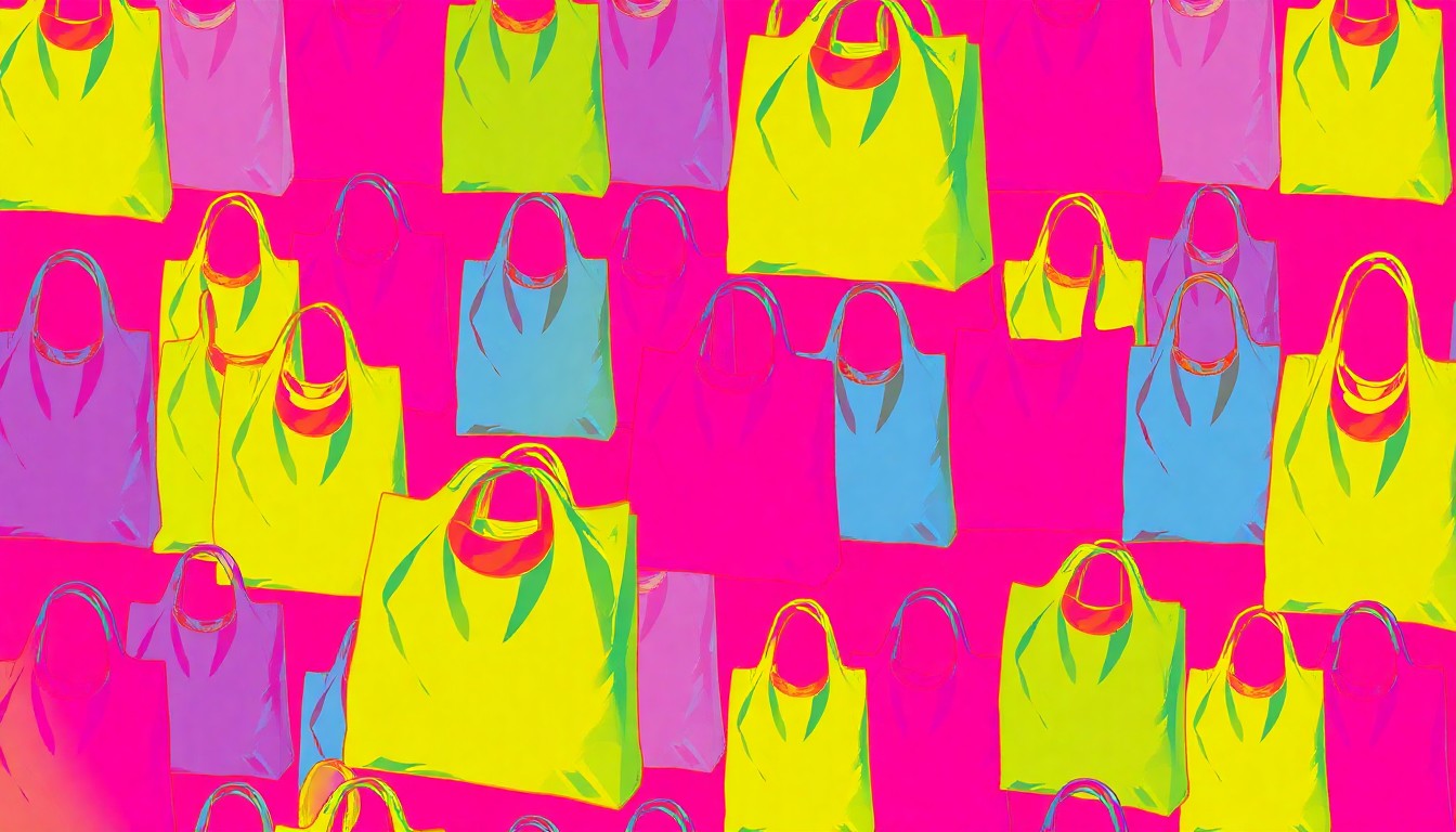 A brightly colored, high-contrast silkscreen print of a single, iconic plastic grocery bag repeated in a tight grid pattern, conceptually representing the proposed restrictions on single-use plastics in the local community.