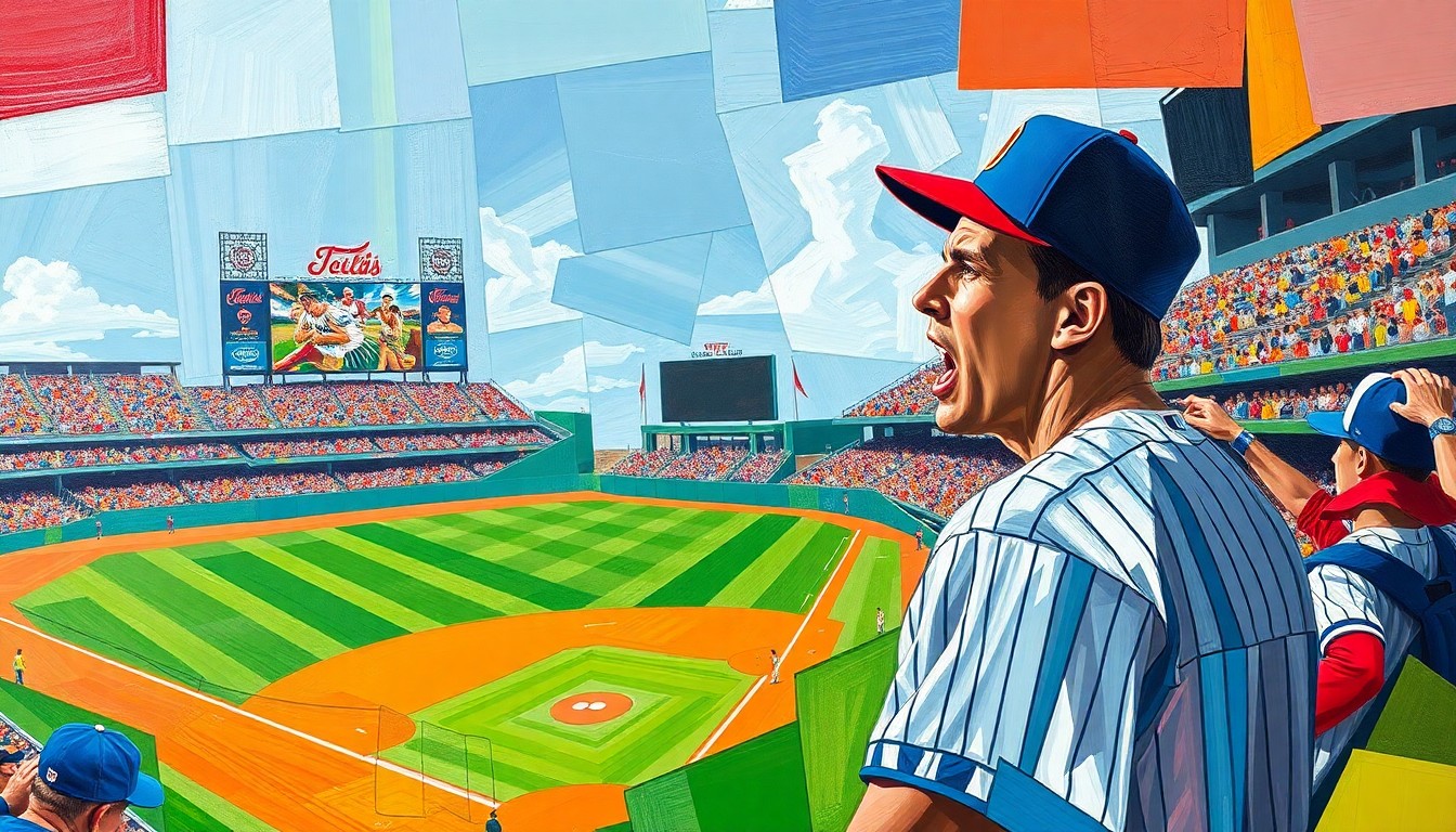 A fractured, geometric painting depicting a baseball player in motion, their features and surroundings broken down into sharp, overlapping planes of color, conveying the emotional turmoil of dealing with a fan's cruel remark.