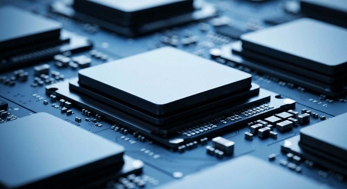 An extreme close-up of Qualcomm's complex semiconductor chips and circuit boards, conveying the sophisticated engineering behind modern wireless communications technology.